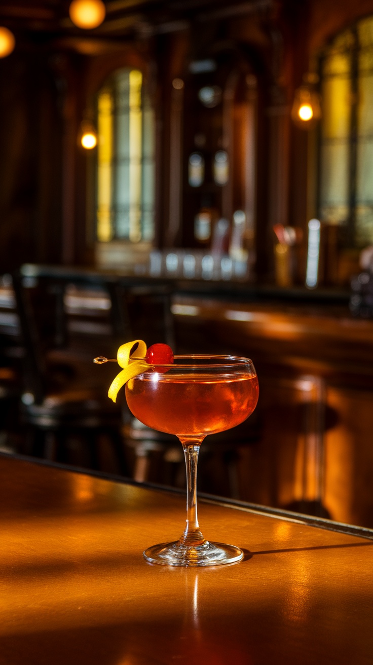 A beautifully crafted Vieux Carré cocktail in a coupe glass, garnished with a lemon twist and cherry.