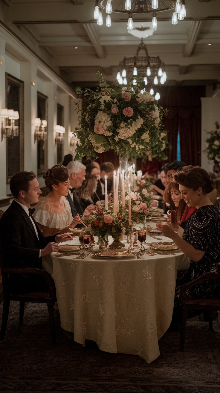 A beautifully set vintage dinner table with flowers, candles, and elegantly dressed guests.