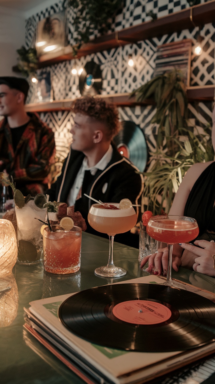 A lively cocktail party featuring vintage vinyl records, colorful cocktails, and a social atmosphere.