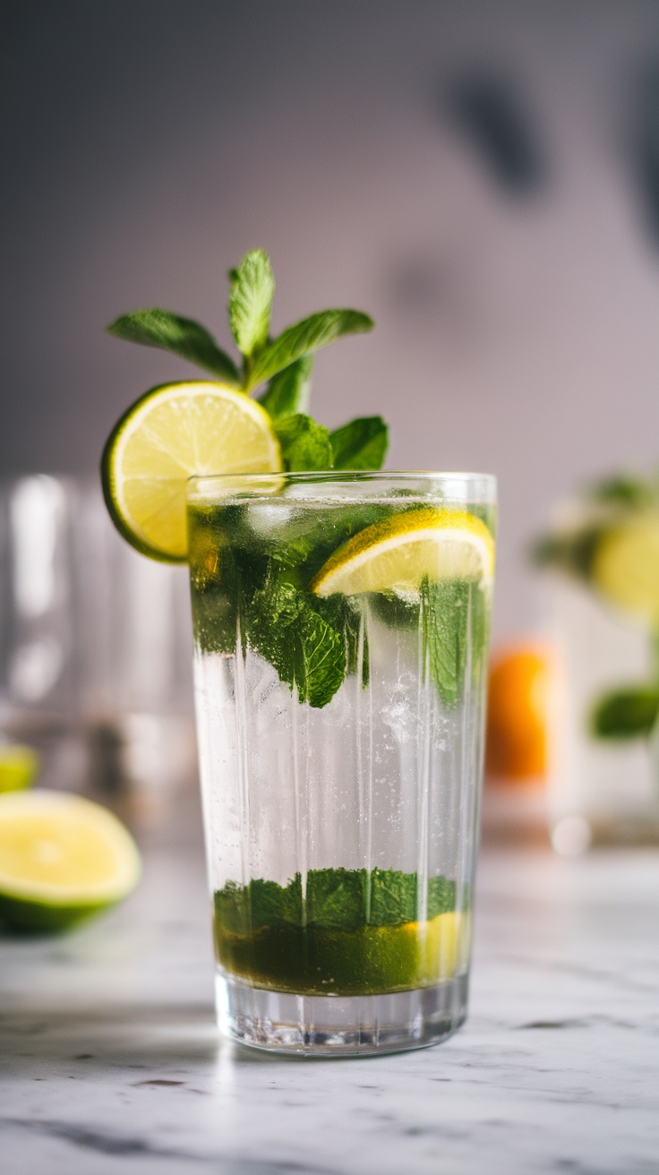 A refreshing Virgin Mojito with mint and lime garnished with a sprig of mint.