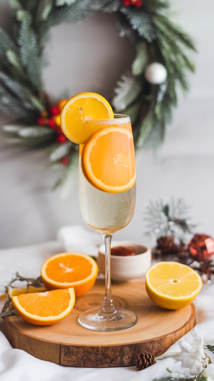 A festive glass of sparkling Winter Citrus Bubbles with slices of orange and lemon.