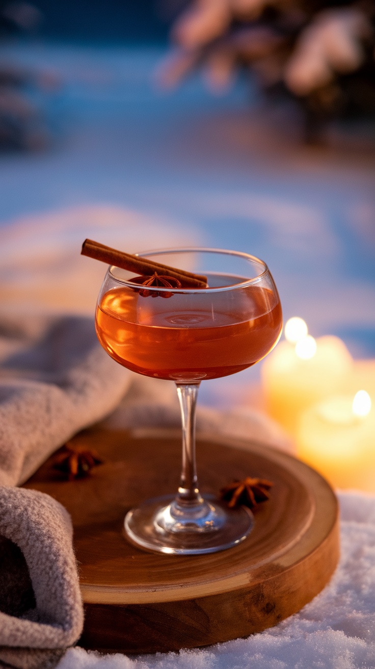 A warm winter spiced brandy cocktail garnished with a cinnamon stick and star anise.