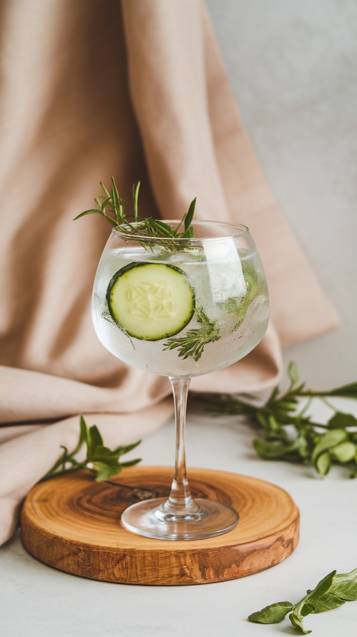 A refreshing non-alcoholic cocktail made with tonic water, cucumber, and herbs.