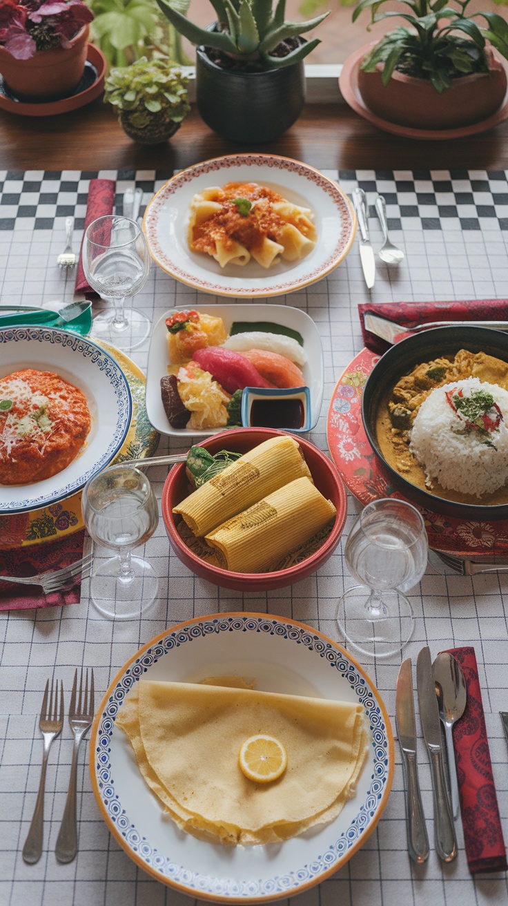A beautifully set dining table with dishes from various cuisines, including pasta, sushi, tamales, and crêpes, surrounded by plants.