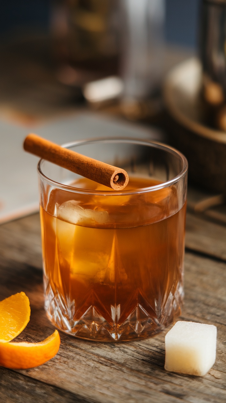 A Classic Old Fashioned cocktail with smoked cinnamon and an orange twist, served in a crystal glass.
