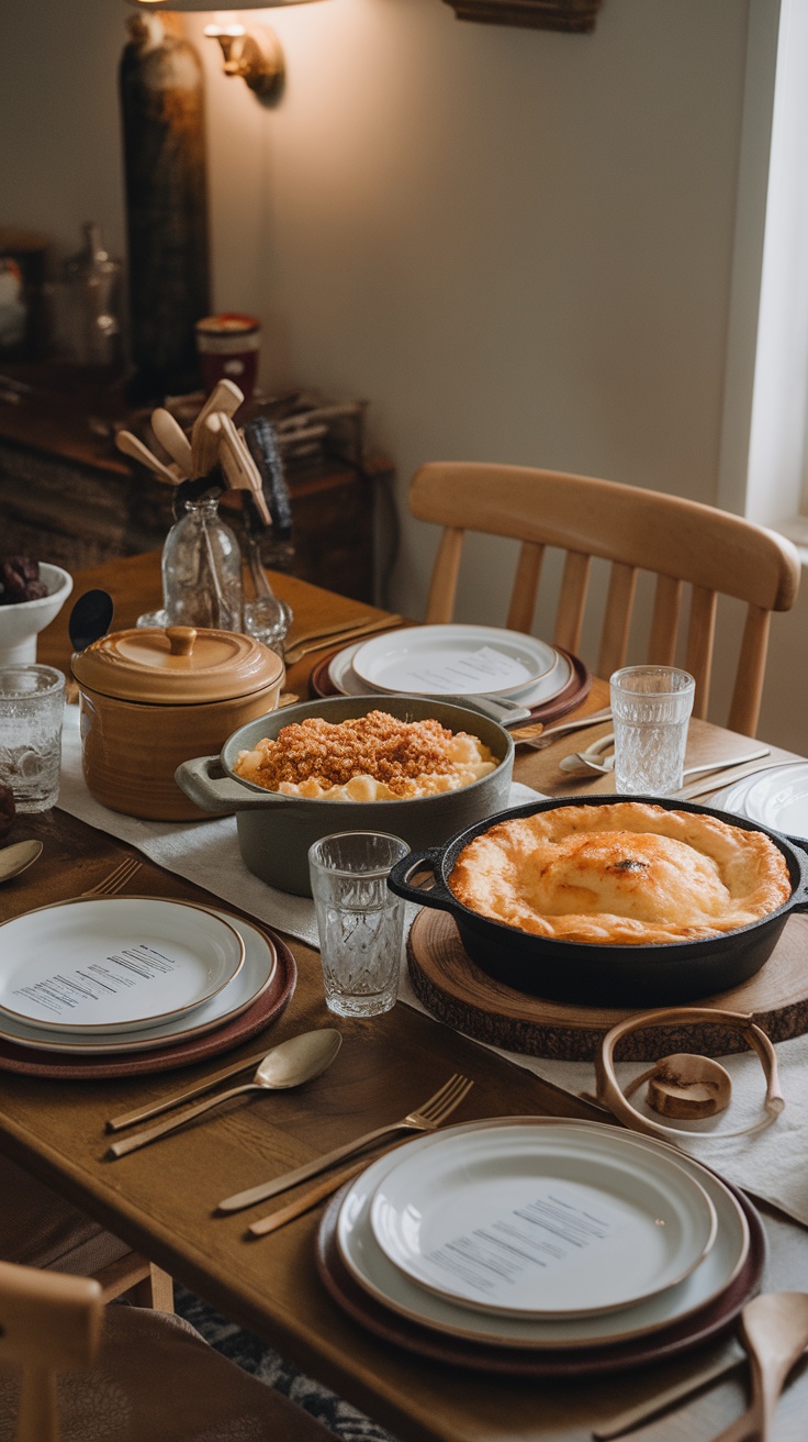 A cozy dining setup with comfort food dishes like mac and cheese and pot pie on a wooden table.