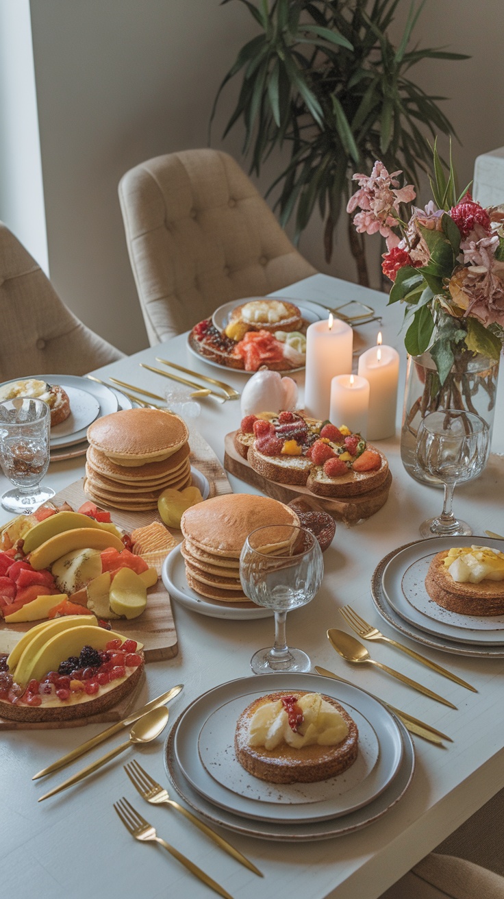 A beautifully set table for a breakfast-for-dinner gathering featuring pancakes, fresh fruits, and candles.