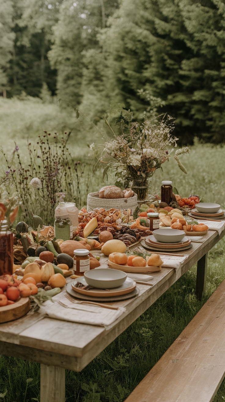 A beautifully arranged outdoor table featuring a variety of seasonal fruits and vegetables, displaying a farm-to-table dinner theme.