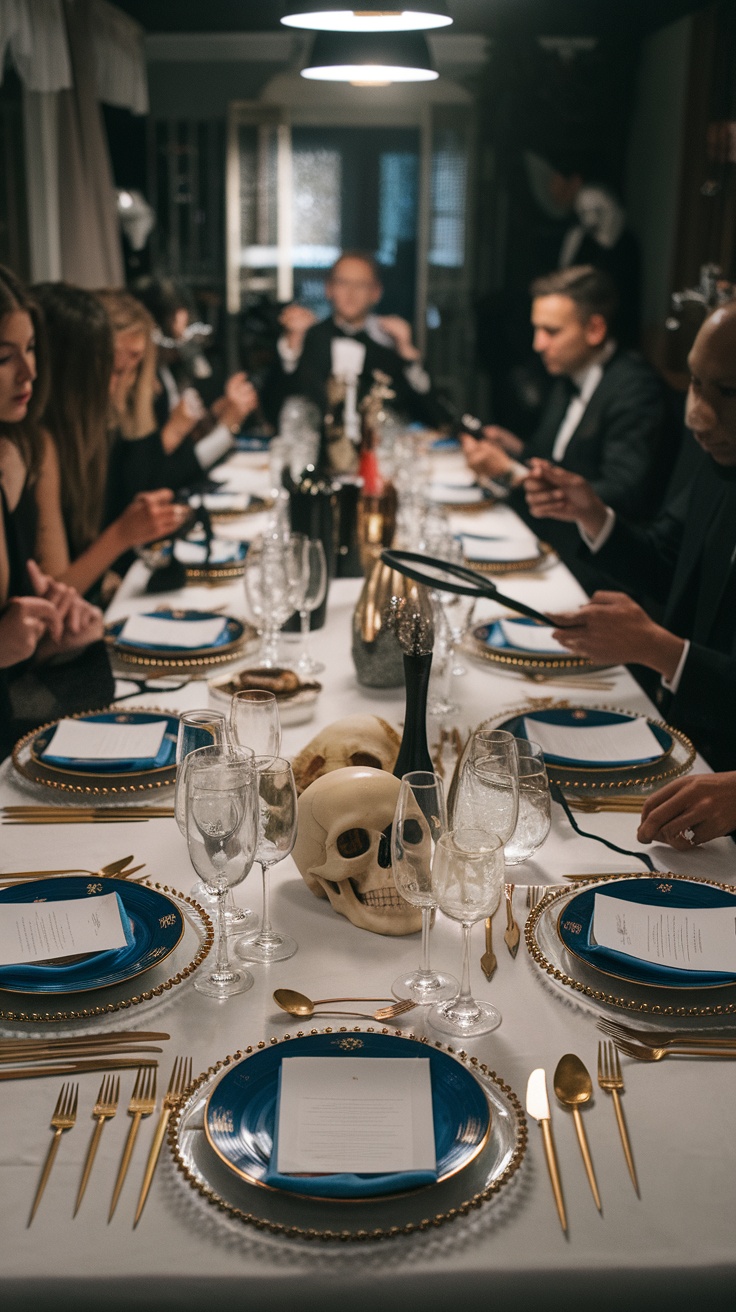Dinner table set for a murder mystery evening, featuring a skull centerpiece and elegant place settings.