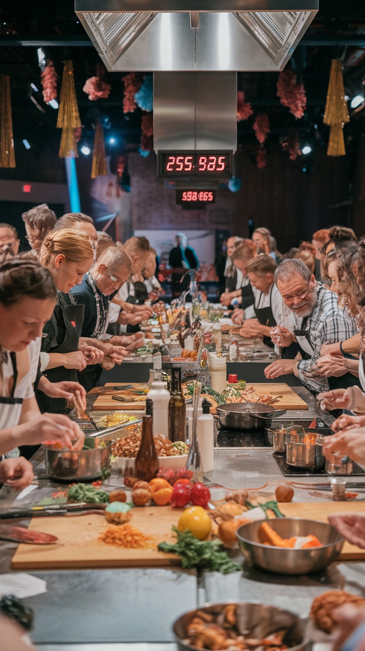 A lively cooking competition with participants preparing dishes at long tables, a timer visible overhead.