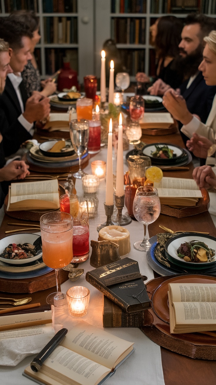 A dinner table set for a literary-themed gathering, featuring guests, candles, and open books among the dishes.