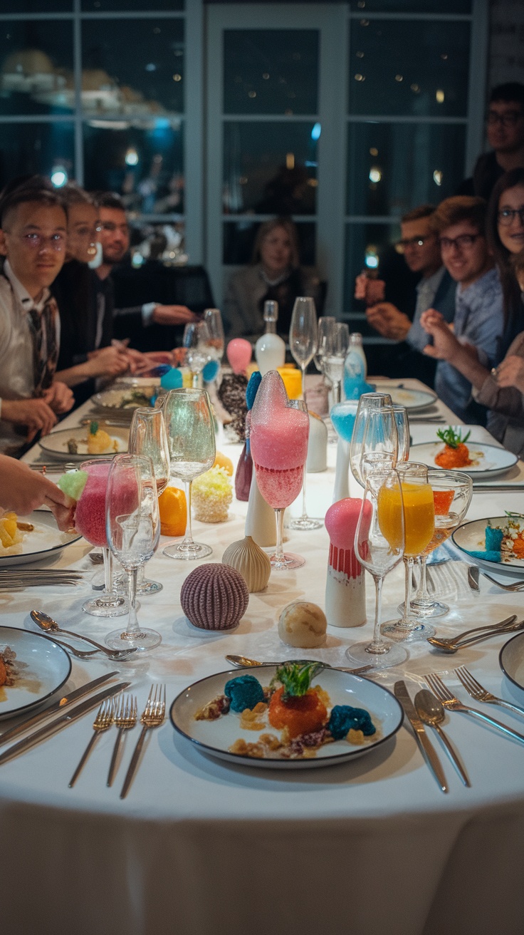 A dinner party table set with colorful dishes and drinks, showcasing molecular gastronomy.