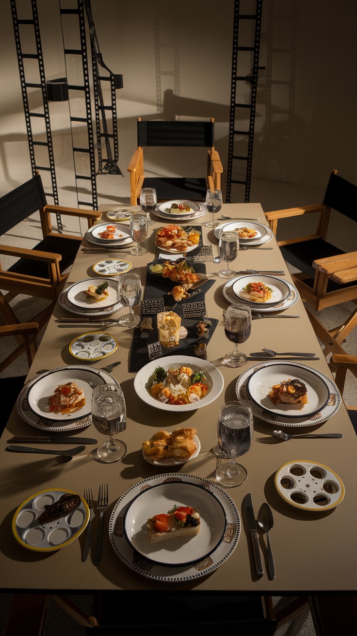 A beautifully arranged dinner table inspired by a movie director's set, featuring various courses and artistic presentation.
