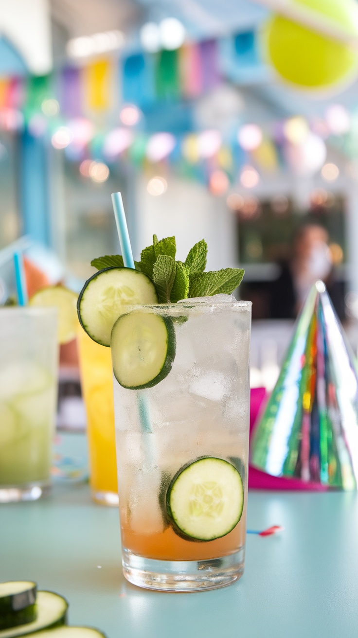 A refreshing cucumber gin fizz cocktail with cucumber slices and mint leaves, served in a tall glass.