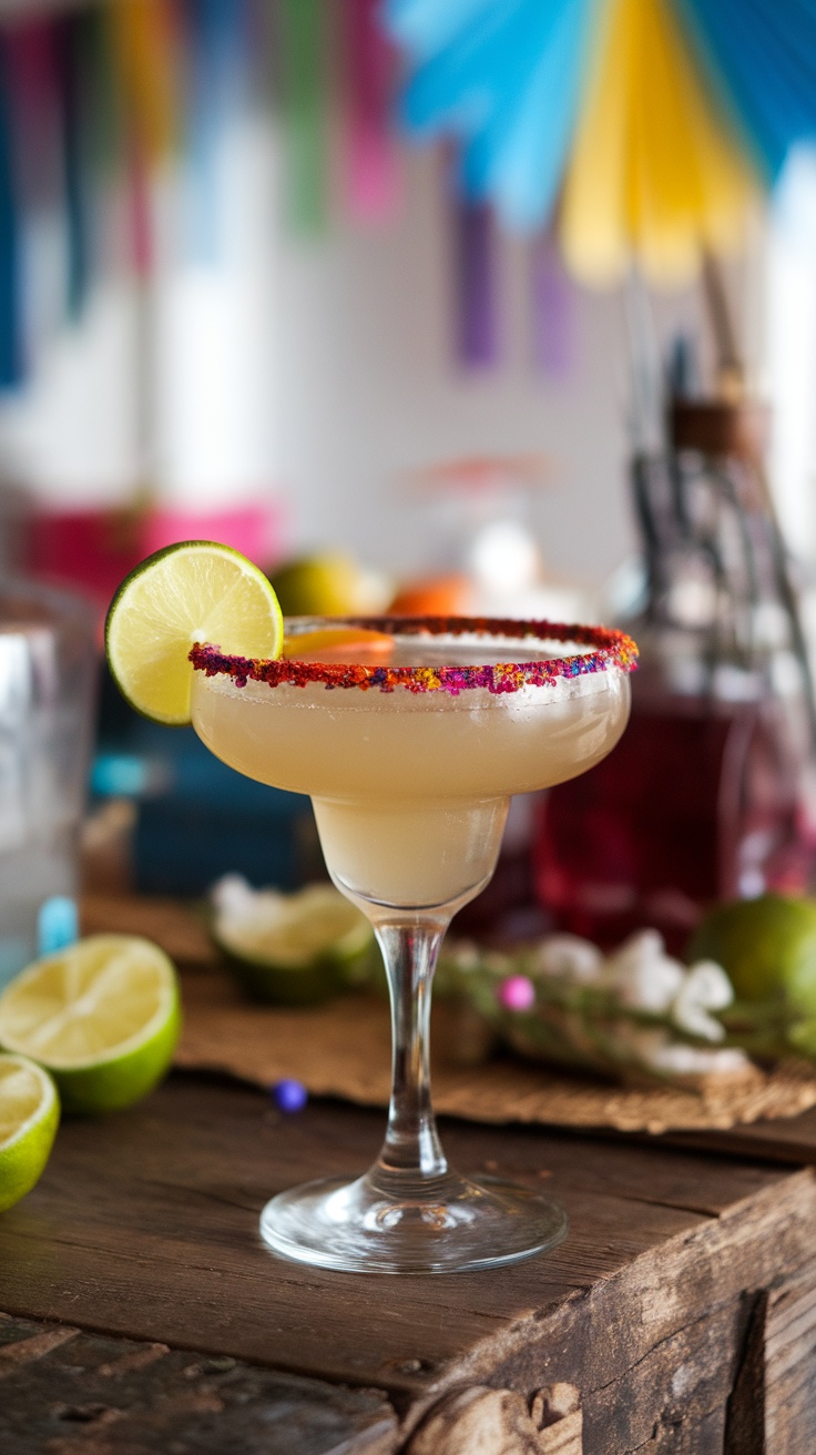 Smoky Mezcal Margarita with Tajin Rim in a cocktail glass garnished with a lime wheel