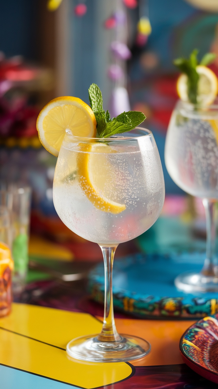 A refreshing Sparkling Lemon Drop cocktail garnished with lemon and mint.