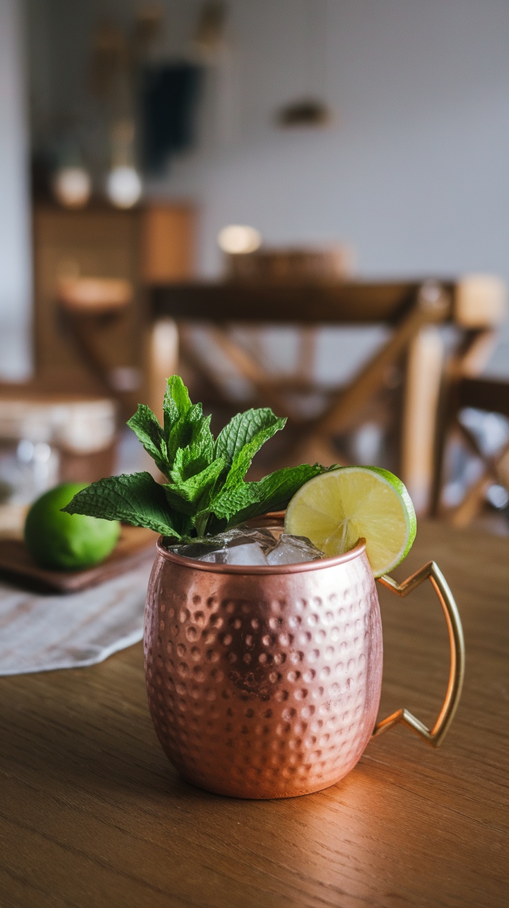 A vibrant Spicy Moscow Mule cocktail with a garnish of mint and lime