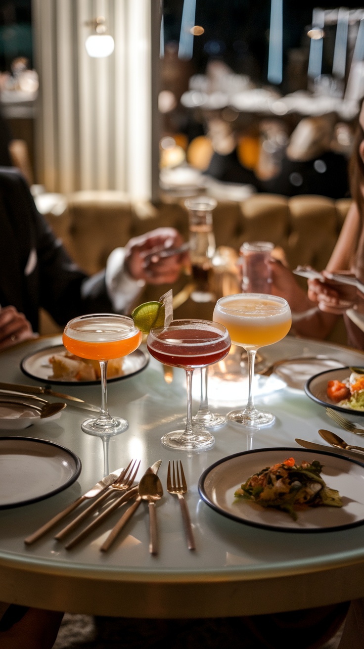 A beautifully set dinner table with cocktails and plates of food, ideal for a supper club theme.