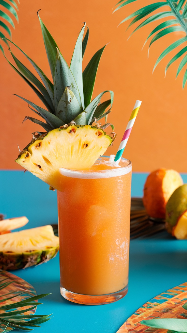 A Tropical Tequila Sunrise cocktail garnished with a fresh pineapple slice.