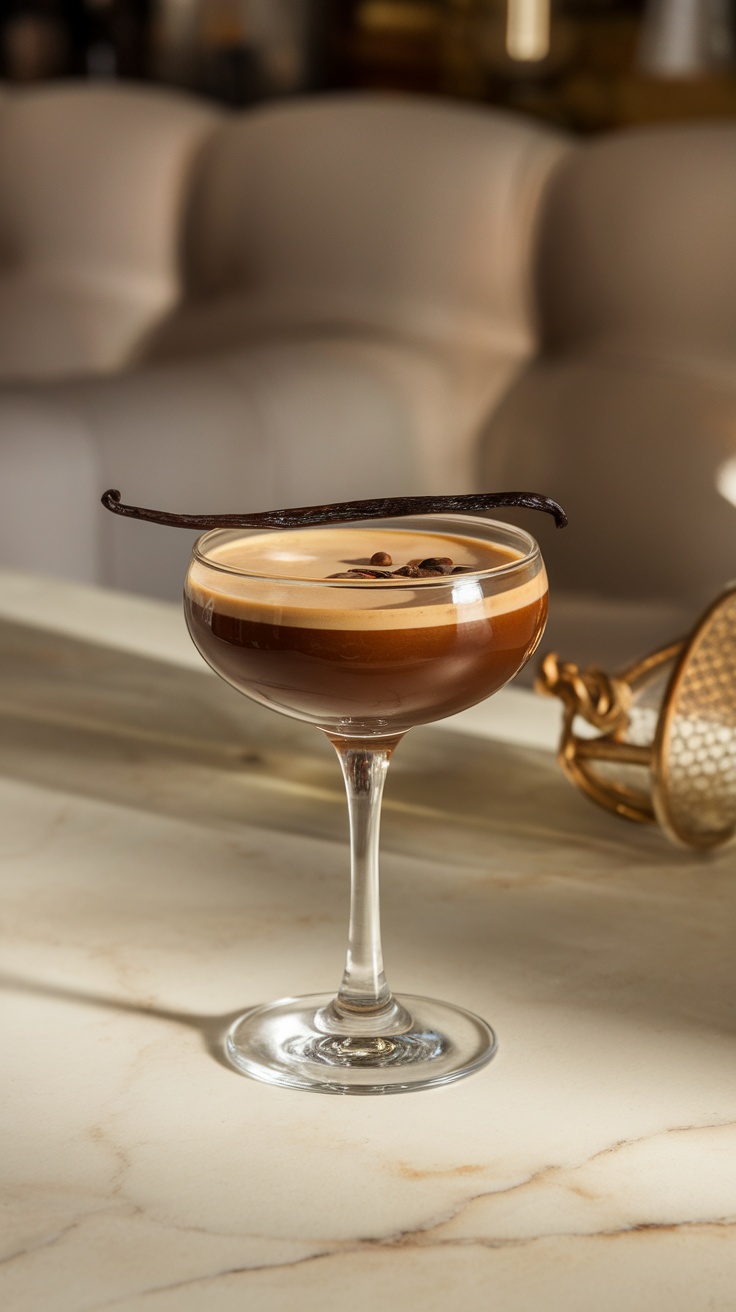 A velvety espresso martini with vanilla bean garnish in a glass