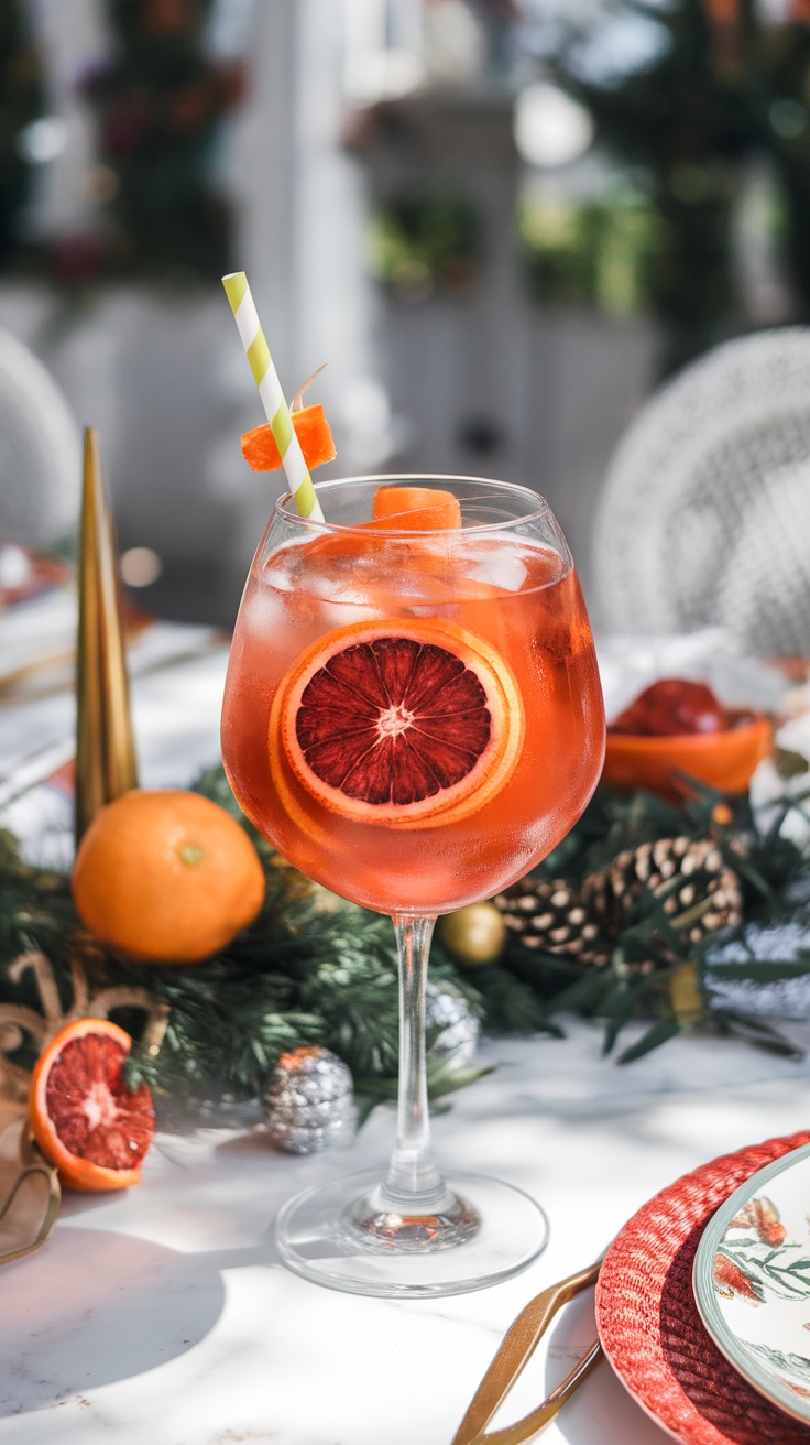 A vibrant Aperol Spritz with blood orange slices, served in a wine glass.