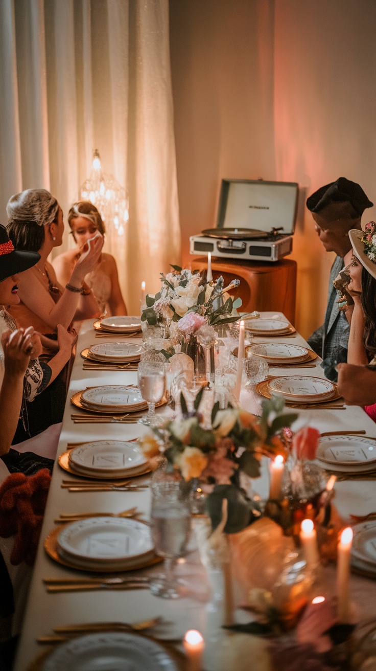 A beautifully set table for a vintage-themed dinner party, featuring elegant decor, floral arrangements, and guests engaged in conversation.