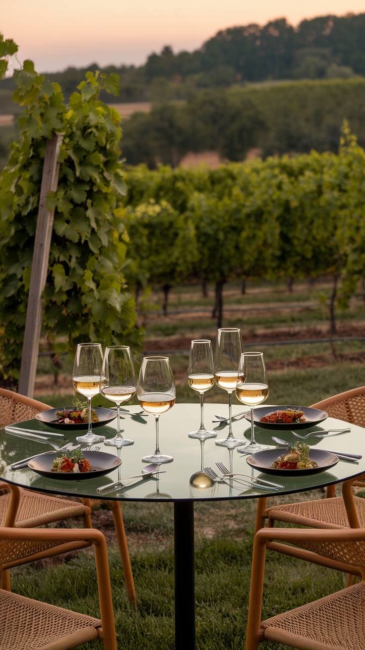 Outdoor dining table set with wine glasses and plated courses in a vineyard